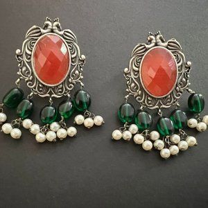 Red and green colored oxidized Silver earrings